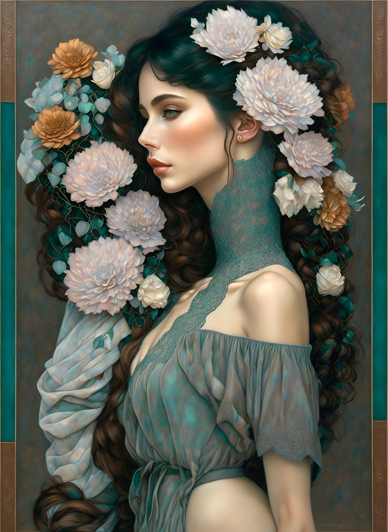 Ethereal woman with dark hair, pastel flowers, off-the-shoulder robe, and