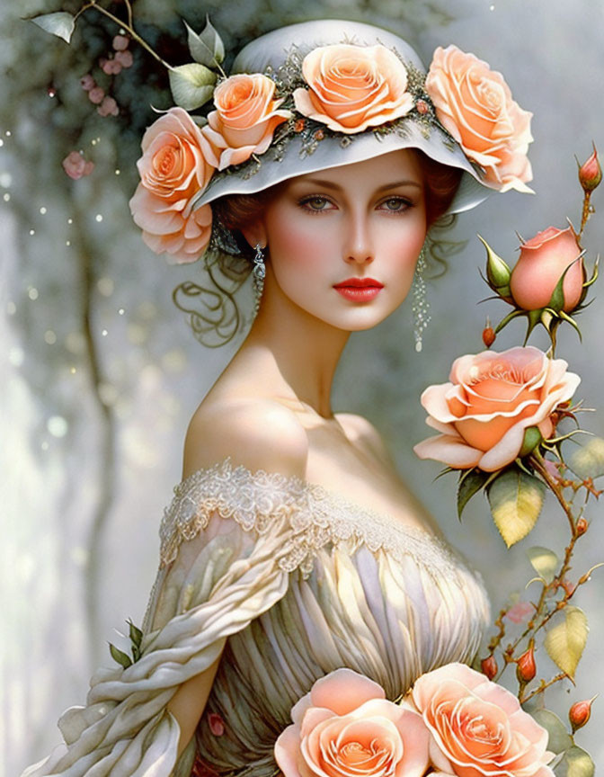 Digital art portrait of woman with peach roses, vintage cream dress, dreamy background