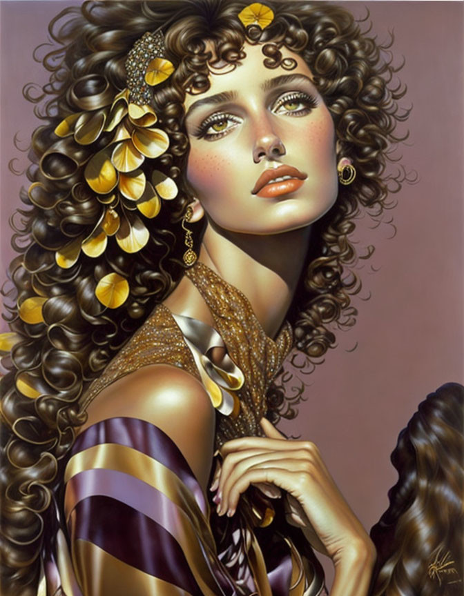 Illustration of woman with curly hair, butterfly accessories, large eyes, golden off-shoulder garment