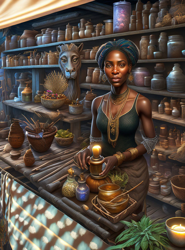 Traditional Attire Woman at Market Stall with Pottery and Mystical Creature