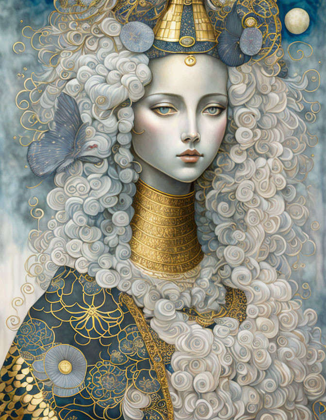 Stylized portrait of woman with pale skin and celestial-themed white curls, wearing gold neckpiece and