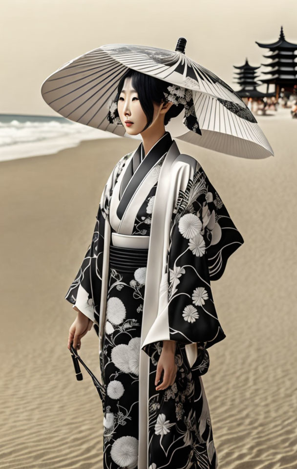 Traditional Japanese kimono woman with parasol on beach with pagoda.