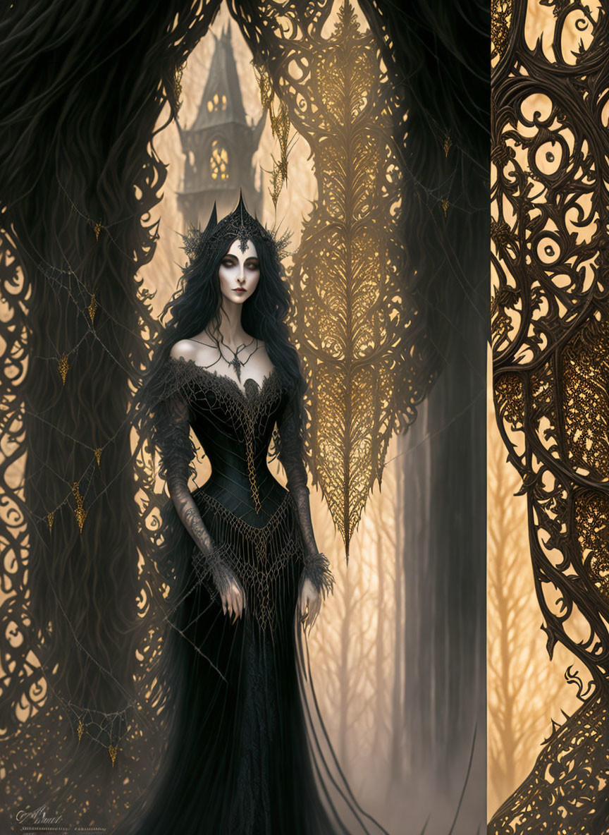 Gothic fantasy illustration: Woman in black dress in mystical forest with golden gate and castle.