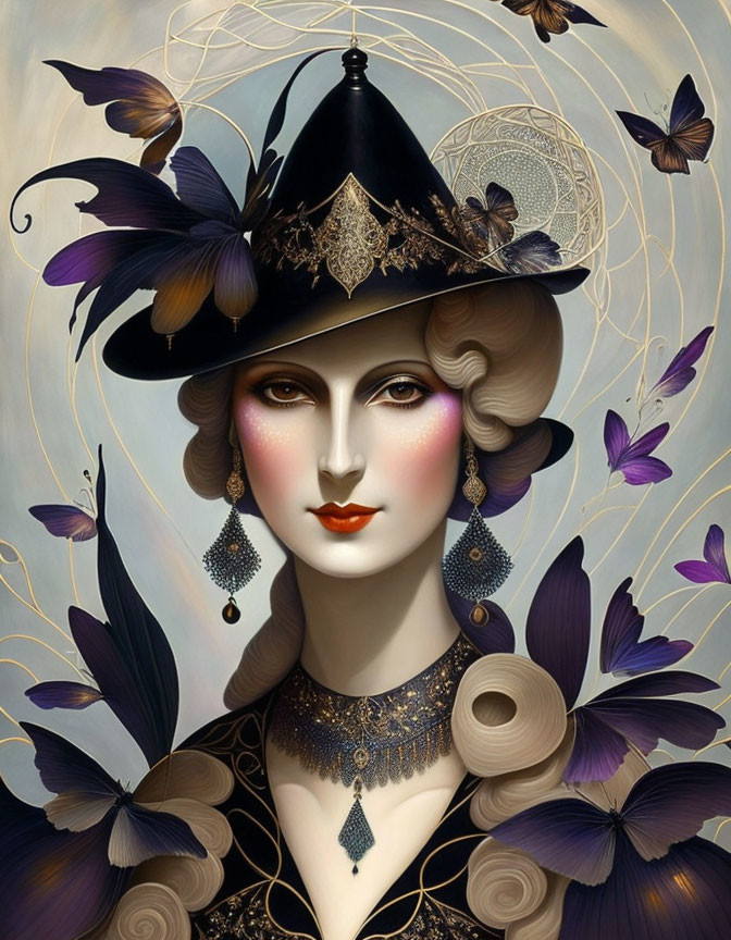 Illustration of woman with stylized makeup, feathered hat, surrounded by butterflies