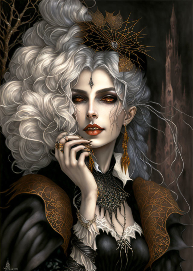 Pale woman with silver curls, gothic makeup, spider web crown, intricate necklace, and long earrings