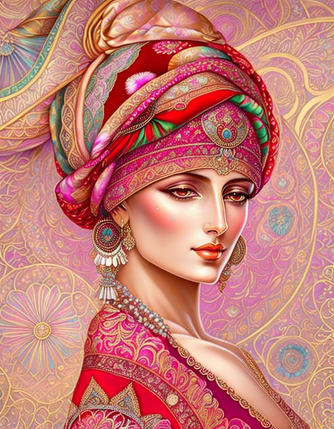 Vibrant woman illustration with turban and earrings on colorful background