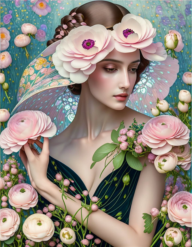 Ethereal woman with pink flowers, butterfly wings, surrounded by blossoms on blue background