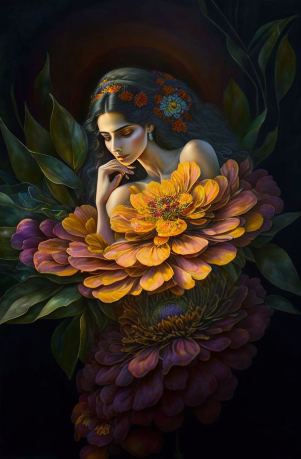 Woman with Floral Adornments Surrounded by Vibrant Blooms