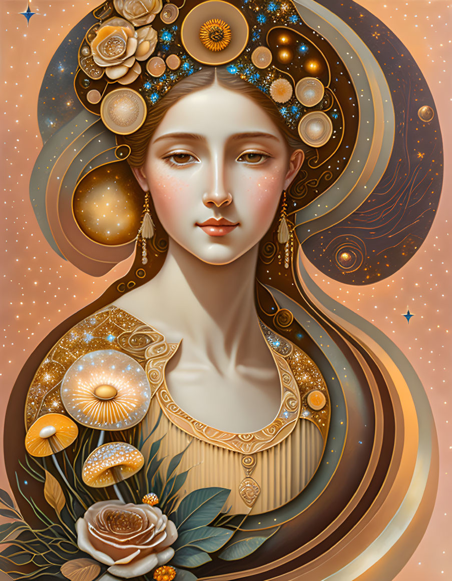 Serene woman portrait with golden celestial motifs