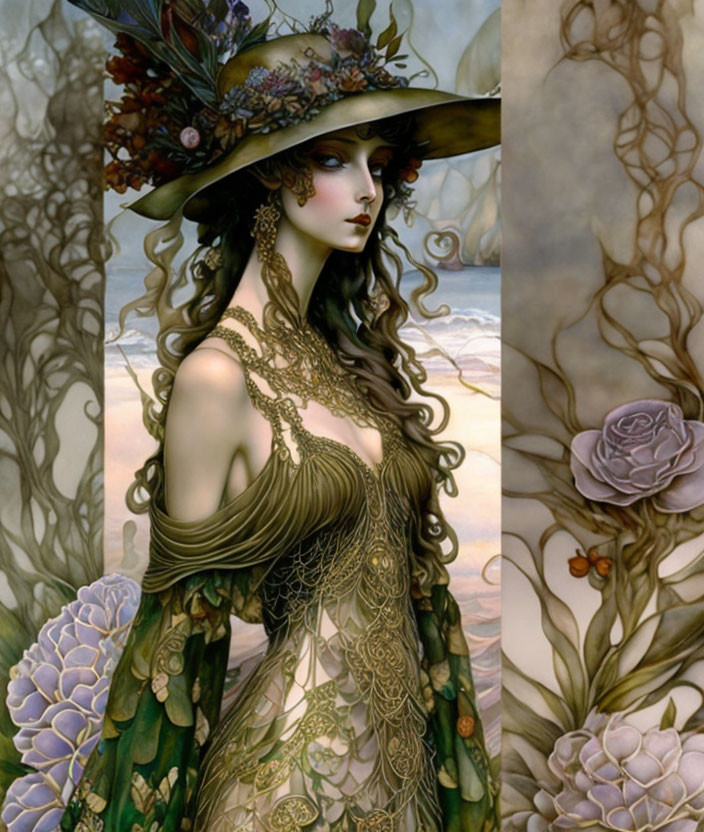 Woman in Floral Hat and Green Dress with Gold Accents and Stylized Flowers