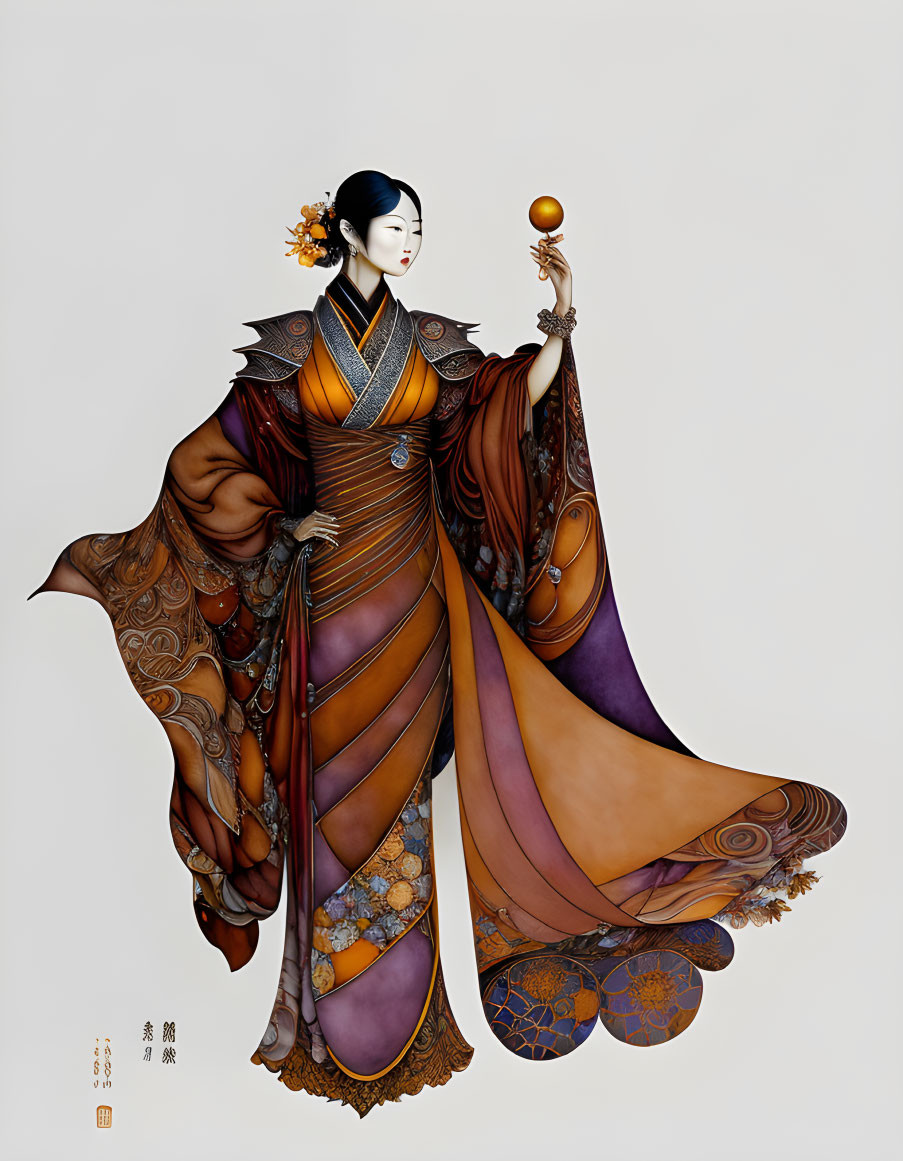 Traditional Asian Figure in Orange and Purple Robes Holding Orb