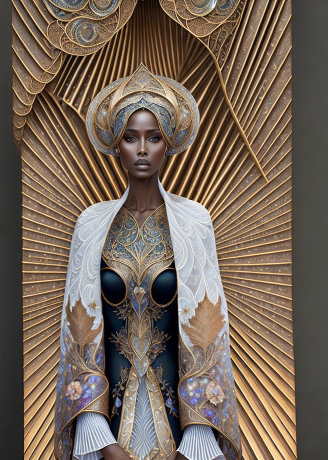 Dark-skinned figure in white and gold outfit against ornate backdrop