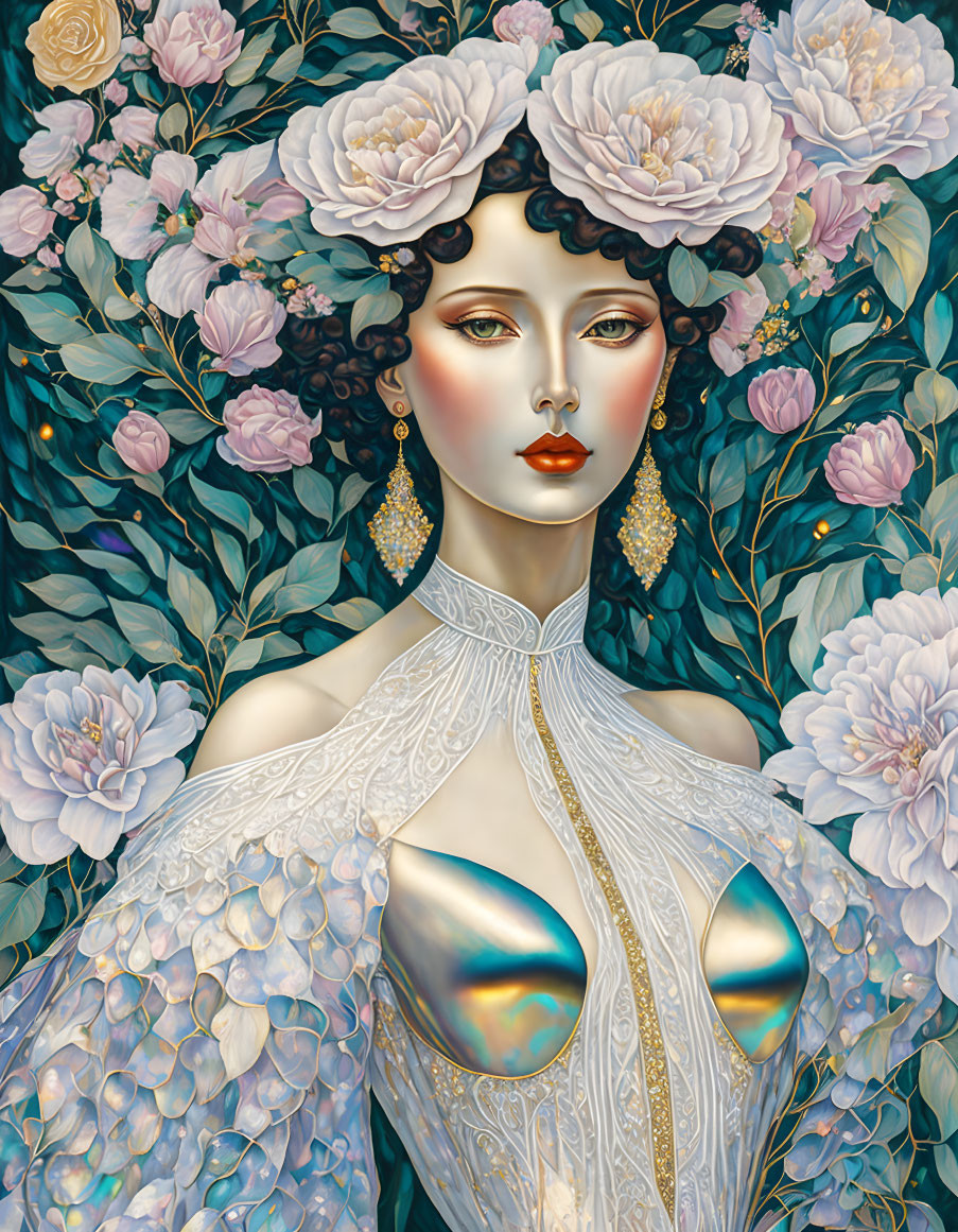 Ethereal woman with ornate jewelry in detailed gown among lush flowers