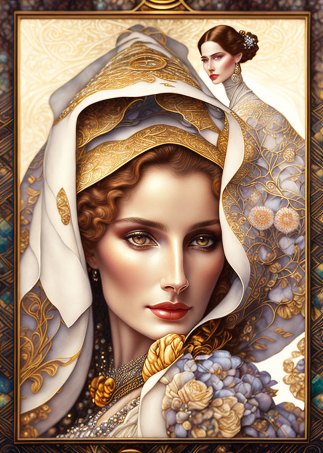 Detailed Artwork of Woman with Golden Headdress & Floral Surroundings