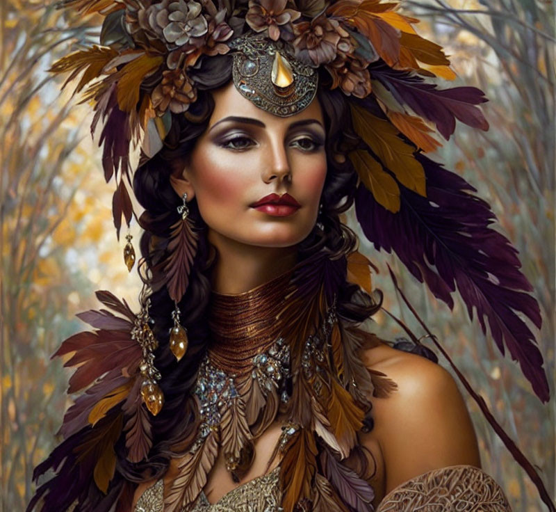 Woman in Earth-Toned Feather Headdress and Jewelry