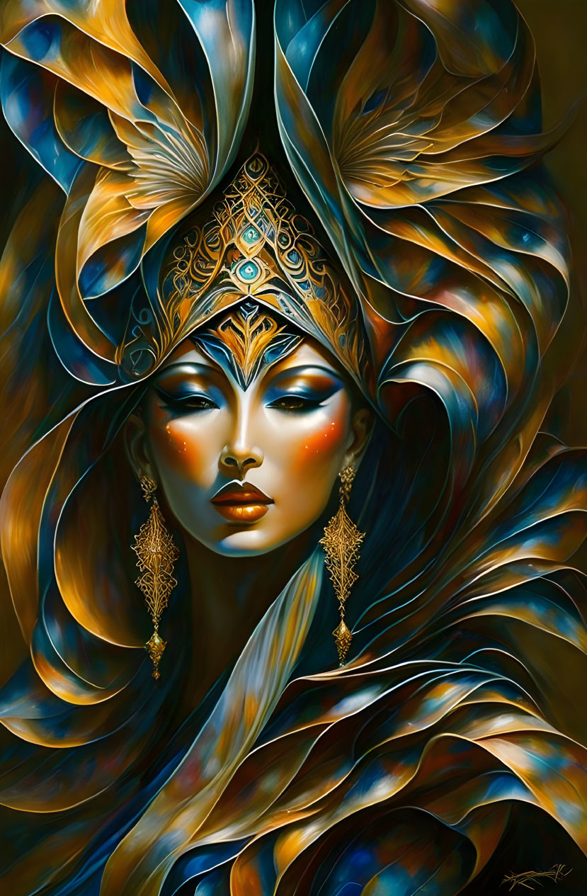 Intricately designed woman with ornate headdress and warm blue-gold hues