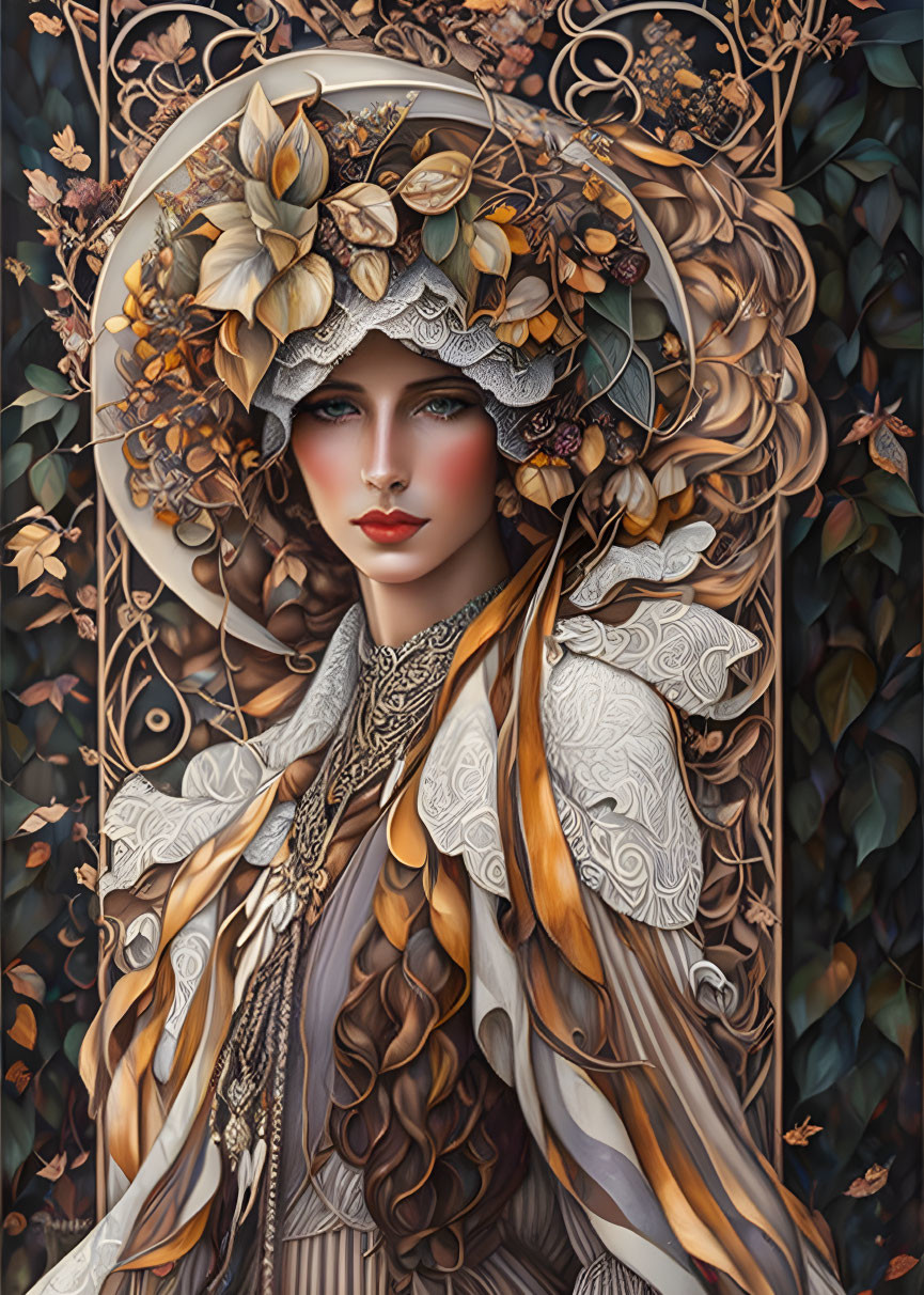 Detailed Woman Artwork with Elaborate Headdress and Autumnal Attire