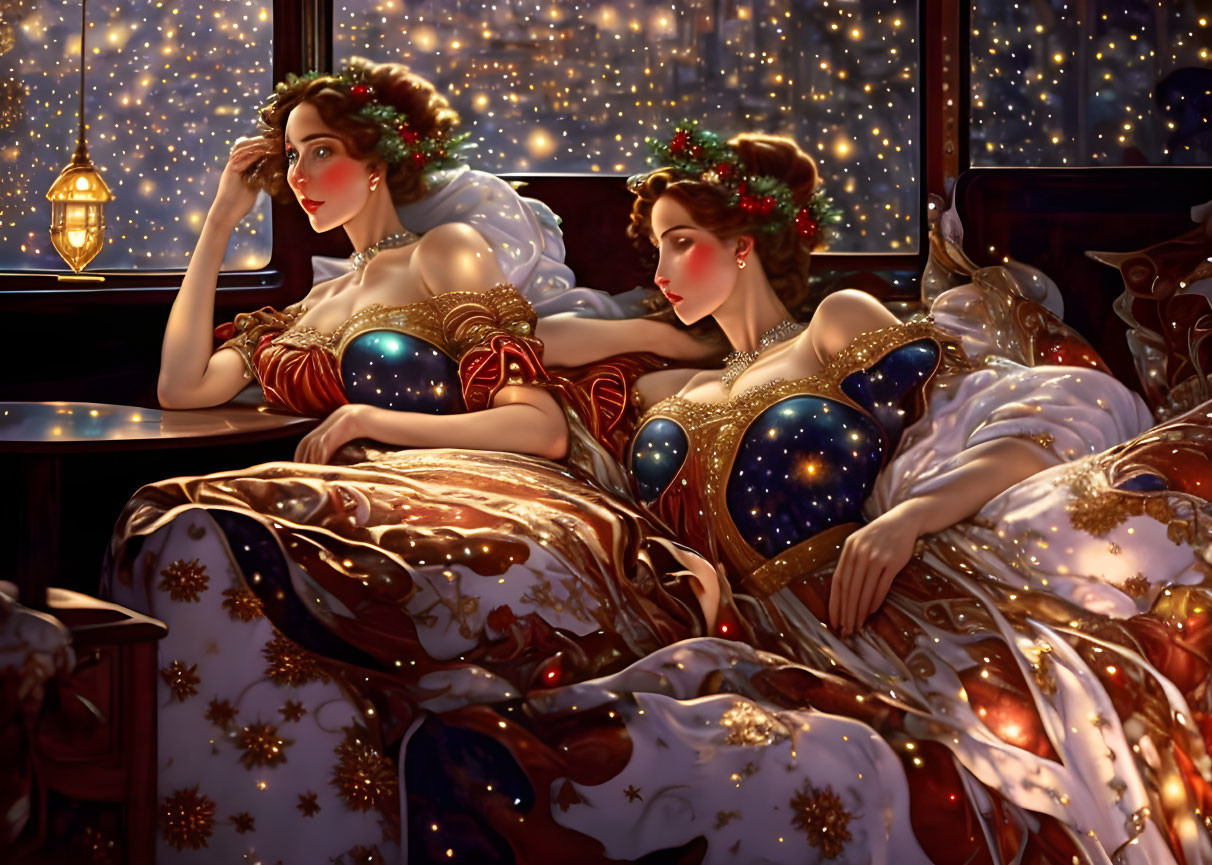 Women with festive wreaths holding glowing orbs in cozy starlit scene