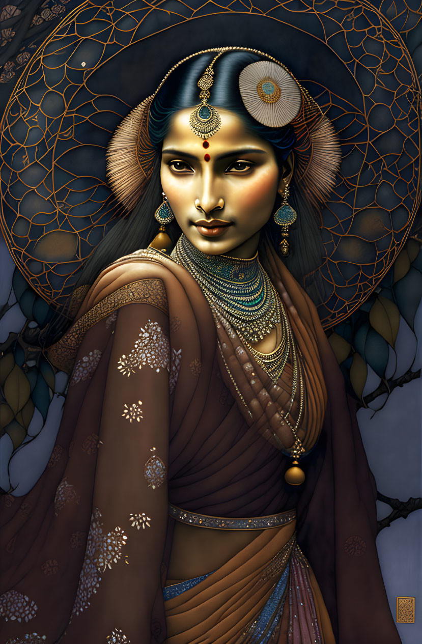 Detailed traditional Indian attire portrait with golden halo and patterned background