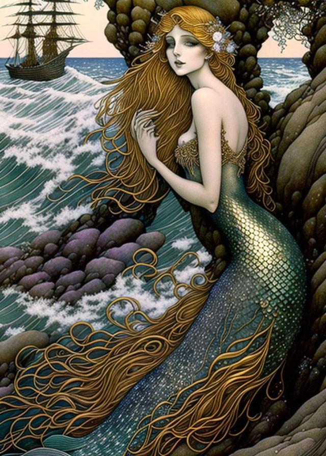 Golden-haired mermaid adorned with flowers by the sea, gazing at a distant ship.