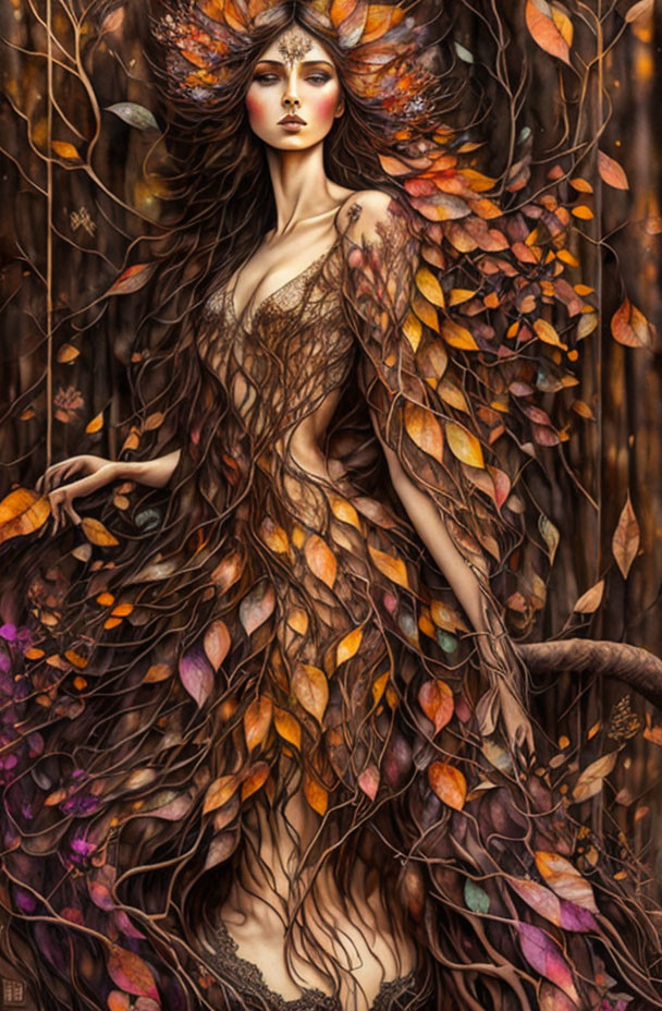 Surreal illustration of woman with tree-like features and autumn leaves blending in woodland