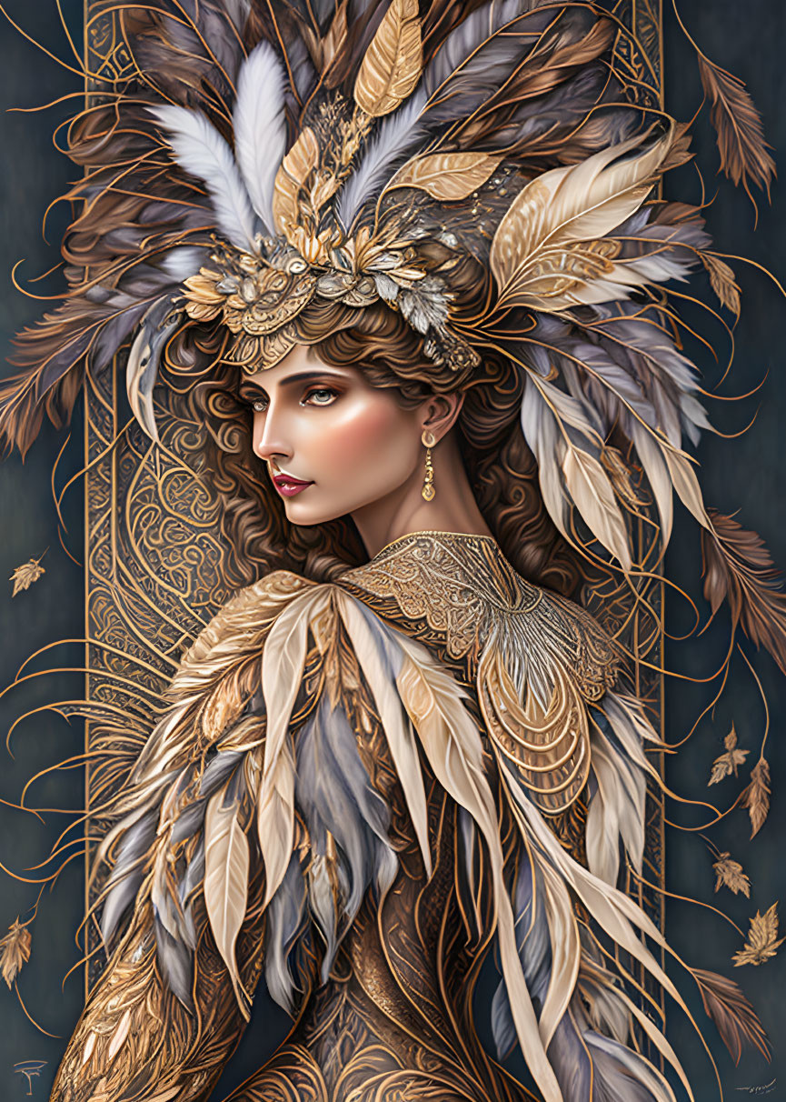 Detailed illustration of woman in feathered headdress & ornate outfit with feather & leaf patterns.