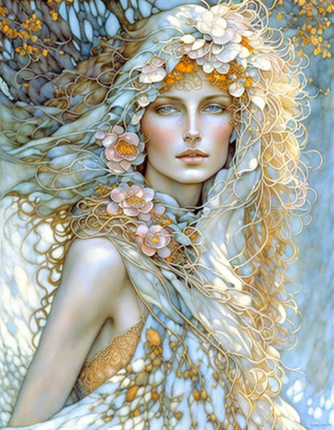 Illustration of woman with golden hair and floral adornments in nature.