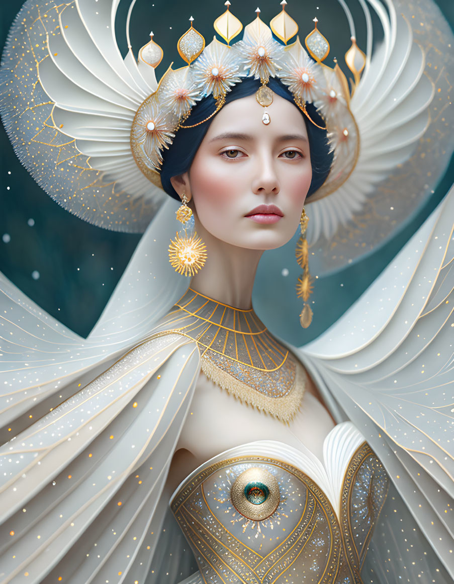 Regal woman in white and gold headdress and gown against starry backdrop