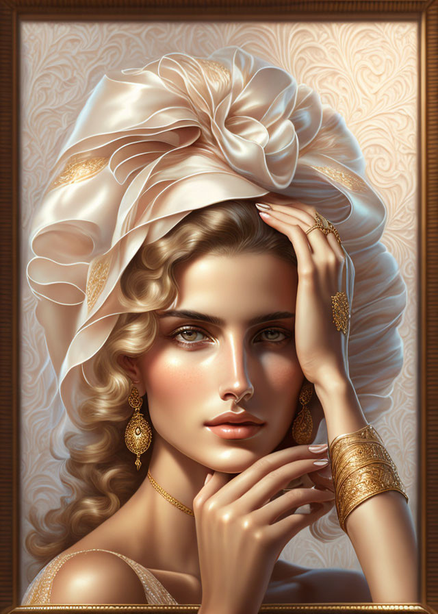 Sophisticated woman with white headdress and gold jewelry on ornate background