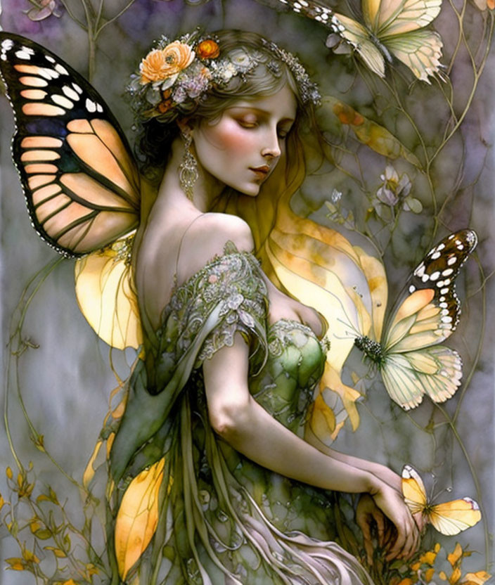 Whimsical woman with butterfly wings and floral crown surrounded by butterflies