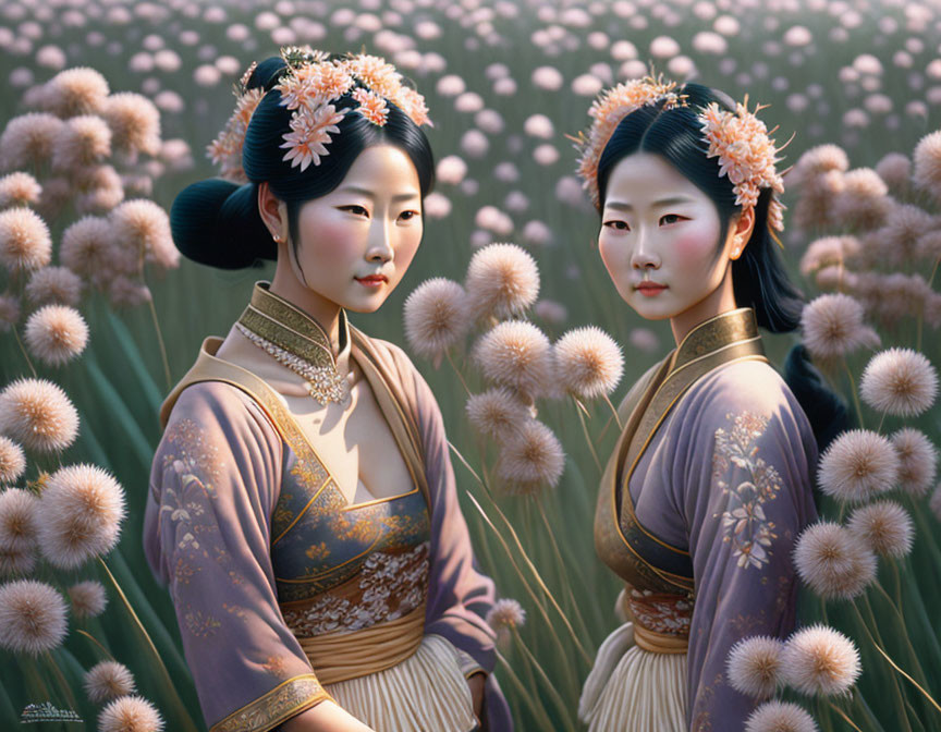 Women in traditional attire among dandelion field with floral hairpieces