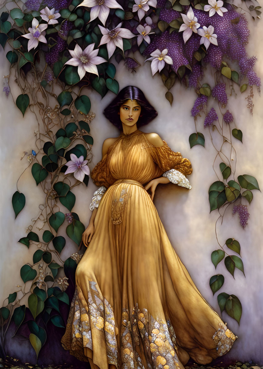 Woman in Gold Gown Surrounded by Purple Flowers and Green Vines