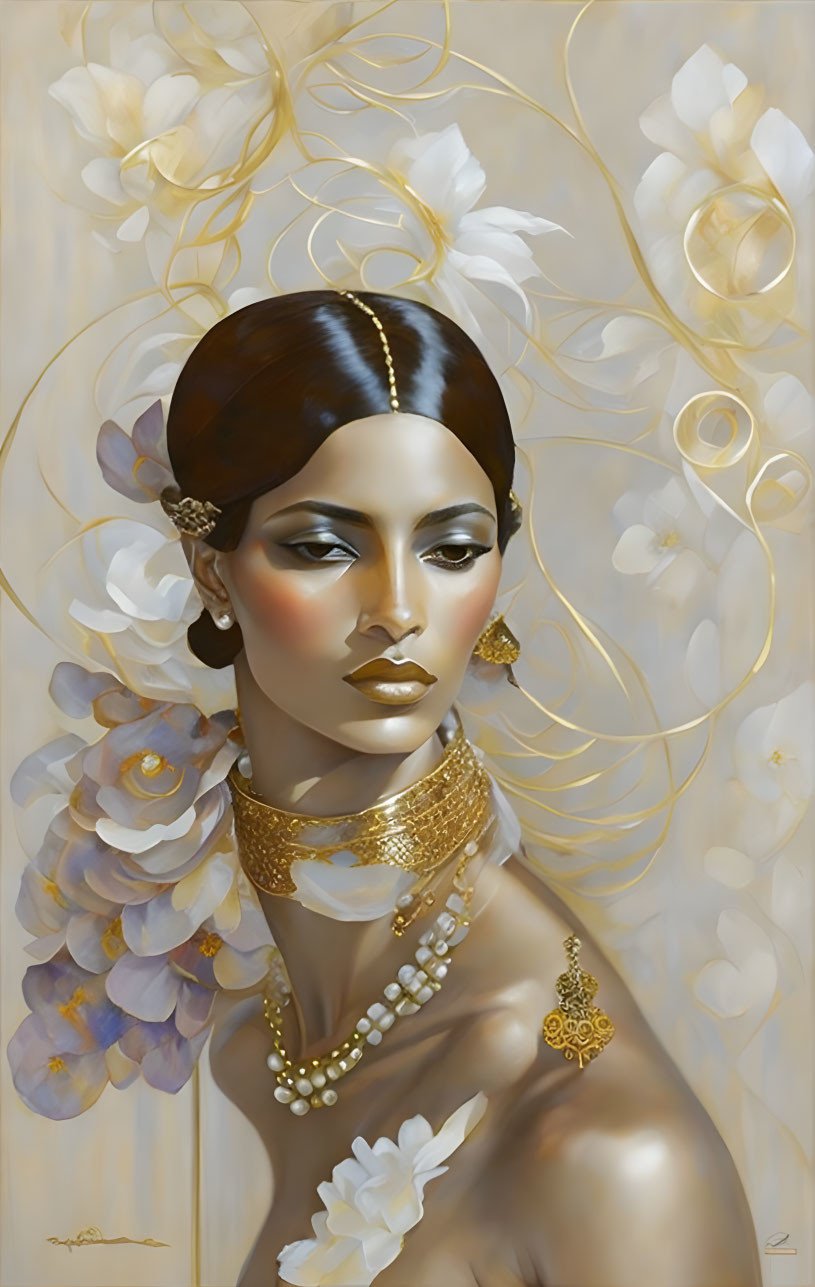 Stylized portrait of a woman with gold jewelry and pale flowers on cream background