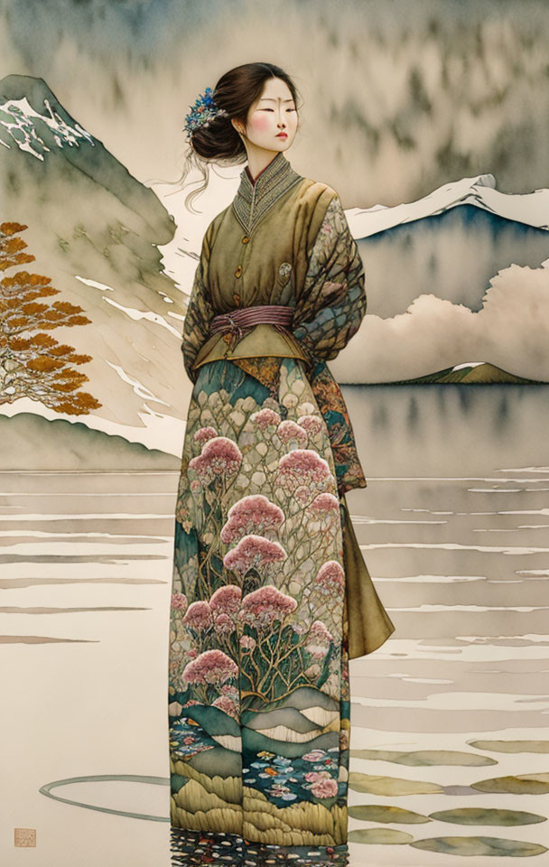 Asian Woman in Floral Kimono by Serene Lake and Mountains