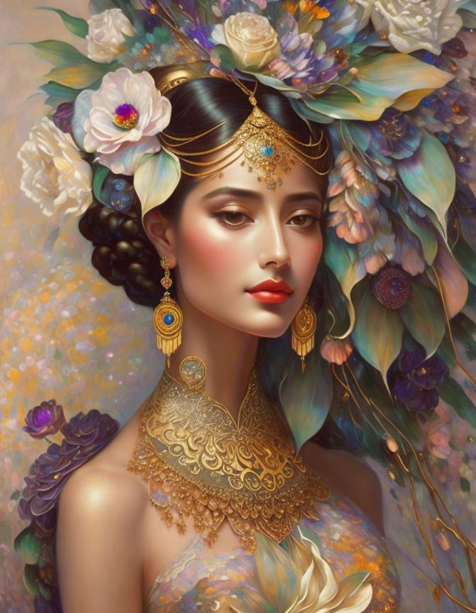 Elegant woman portrait with gold jewelry and vibrant flowers