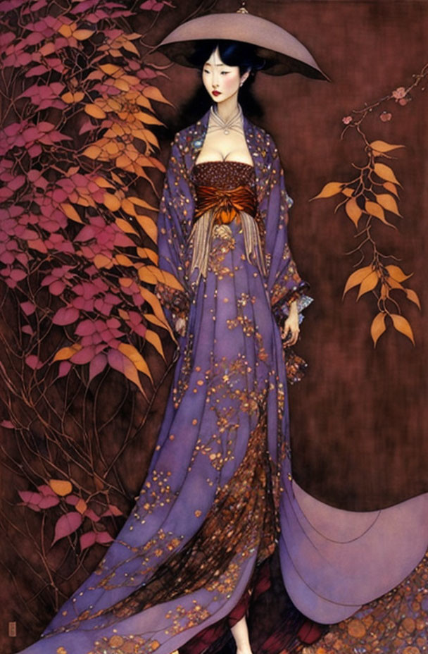 Traditional Asian attire painting of elegant lady with umbrella amid autumn leaves