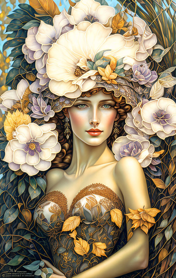 Stylized portrait of woman with floral elements and white blooms in hair