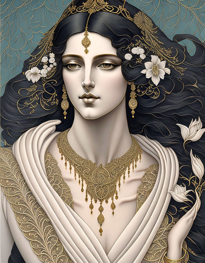 Illustrated woman with dark hair, white flowers, draped garment, gold jewelry on blue background