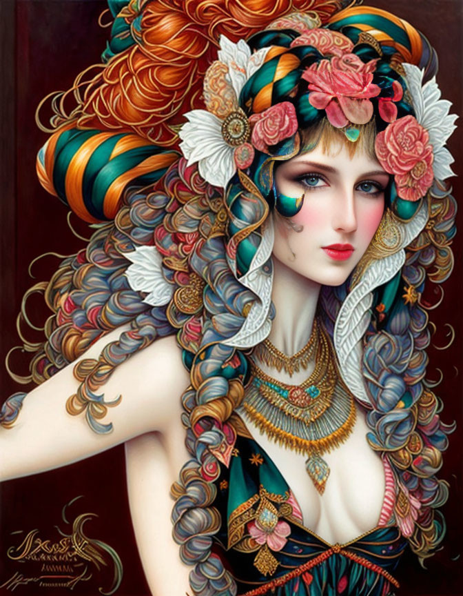 Illustration of woman with curly red hair, floral accessories, blue eye makeup, and gold jewelry