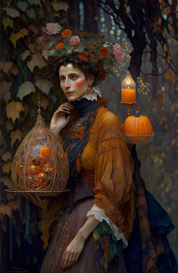 Woman in autumnal attire with lantern and mini pumpkins in fall foliage.