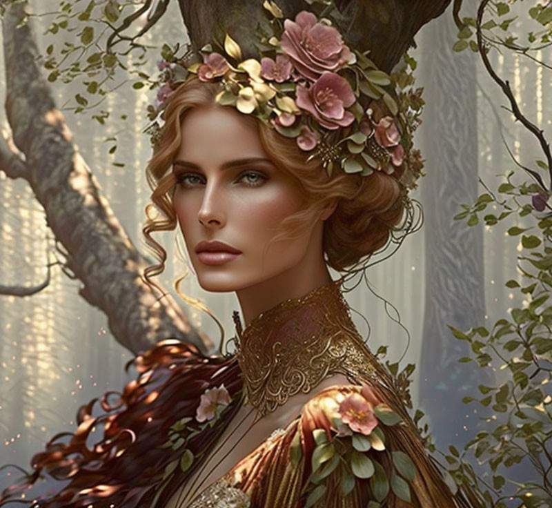 Digital painting: Woman with floral crown in enchanted forest, auburn hair, blue eyes, orn