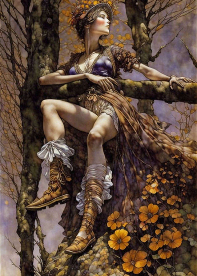 Fantasy-themed image: Woman in historical costume on tree branch