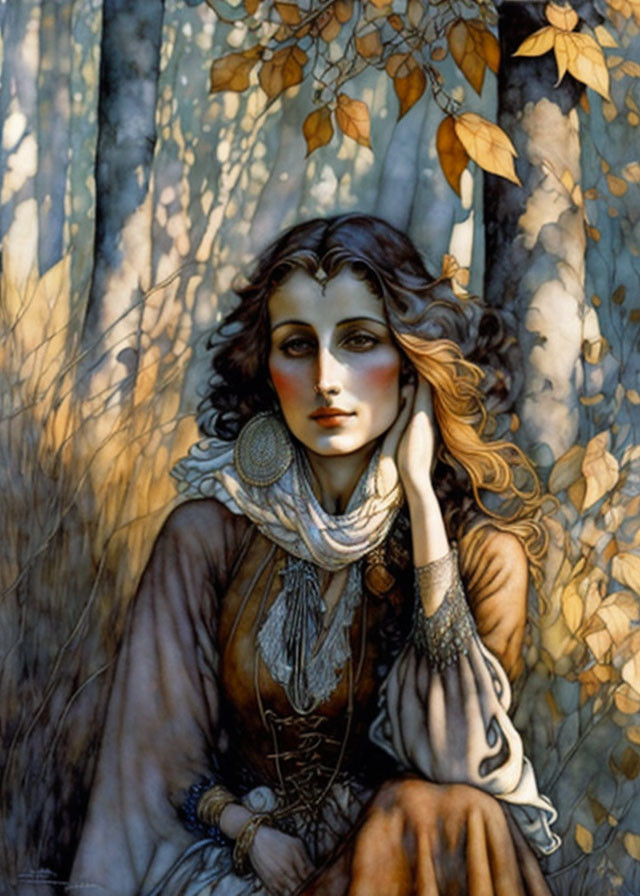 Woman with Curly Hair and Jewelry in Forest with Autumn Leaves