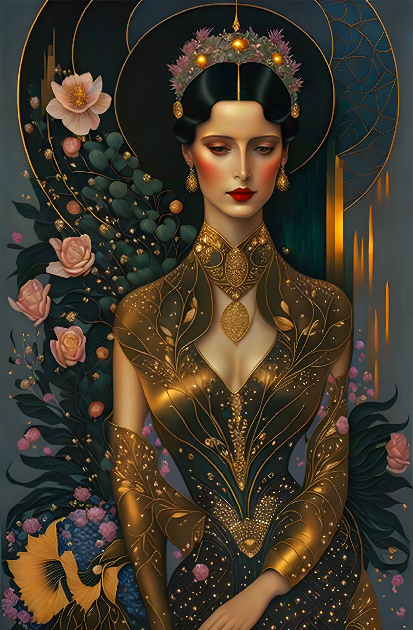 Art Deco Style Woman Illustration in Golden Dress with Flowers