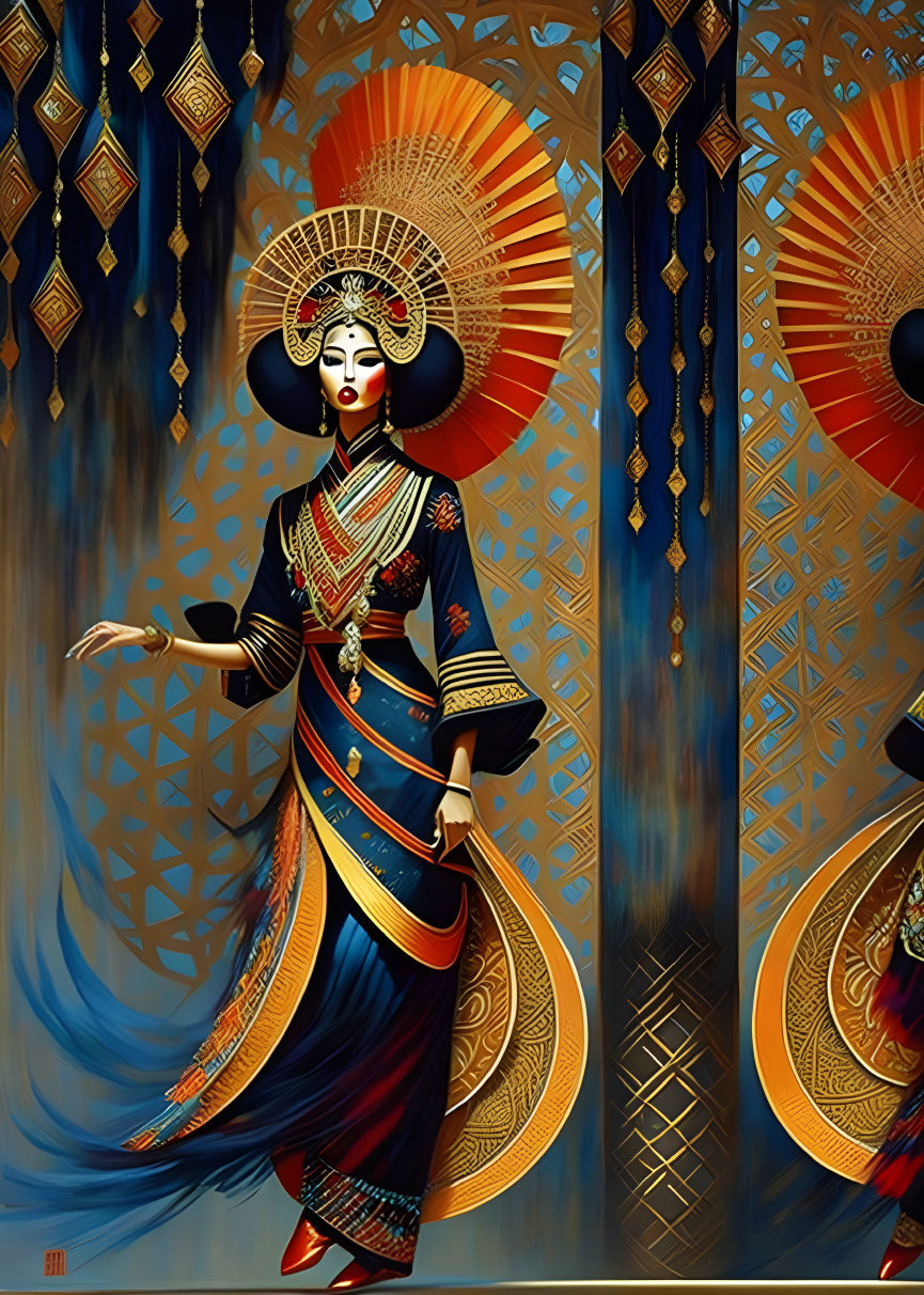 Traditional Asian attire illustration with intricate patterns and striking headwear