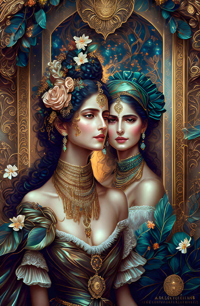 Detailed artwork: Two women in ornate attire with celestial and floral background