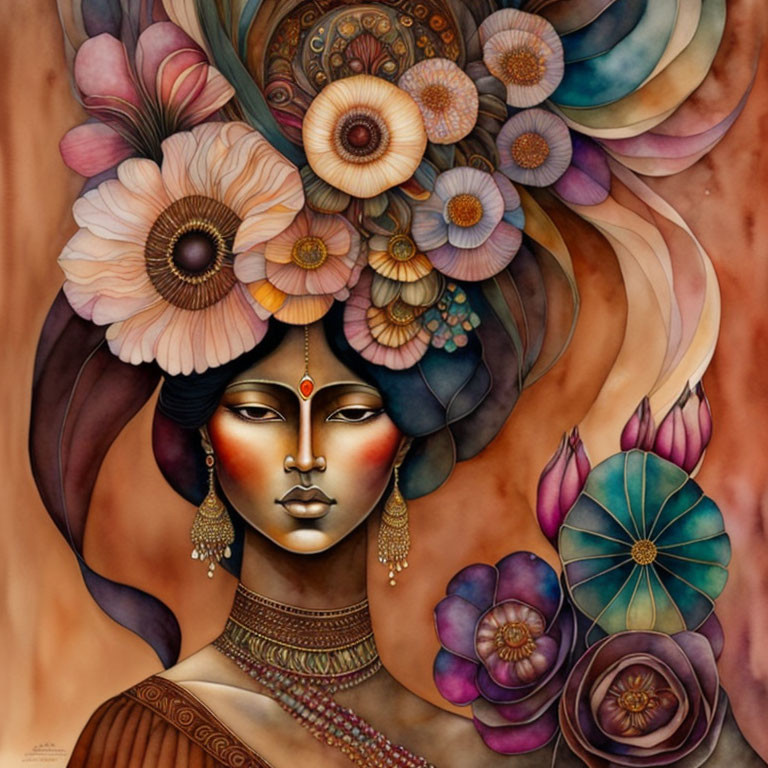 Woman with Floral Headdress in Warm Colors: Ethereal and Serene Artistic Representation