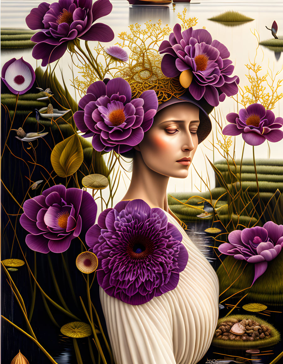 Surreal artwork: woman with purple flower hair, golden headpiece, nature background