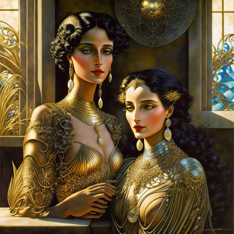 Two women in Art Nouveau-inspired fantasy outfits with intricate jewelry stand elegantly side by side.