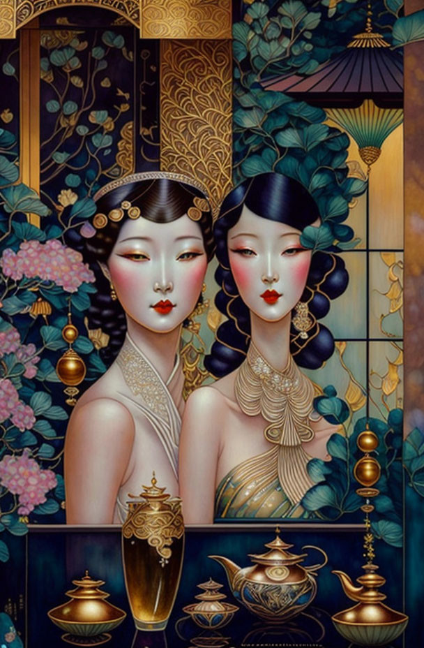 Stylized women in traditional Asian attire with elaborate hairstyles and ornate surroundings